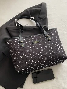 1pc Black Metal Rivet Decor Large Capacity Nylon Tote Bag, Women Shoulder Bag, Spring New Arrival - Black - View 3