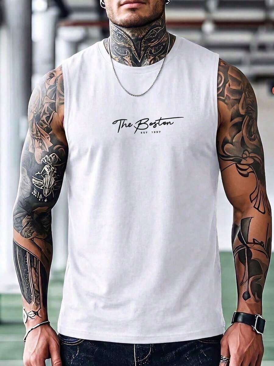 Camiseta de manga corta de verano casual con estampado de eslogan para hombres - Beis - Ver 1