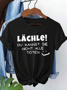 Camiseta LACHLE DU KANNST SIE NICHT ALLE TOTEN con estampado de letras, manga corta y cuello redondo, top casual para verano y primavera, ropa de mujer - Negro - Ver 1