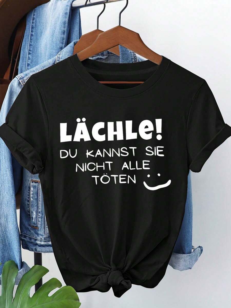 Camiseta LACHLE DU KANNST SIE NICHT ALLE TOTEN con estampado de letras, manga corta y cuello redondo, top casual para verano y primavera, ropa de mujer - Negro - Ver 1