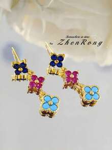 Bông tai bạc Sterling hình cánh hoa bốn cánh đính đá Dopamine đơn giản, thời trang và dễ thương. - Bông tai hình cỏ ba lá Dopamine - Xem 6