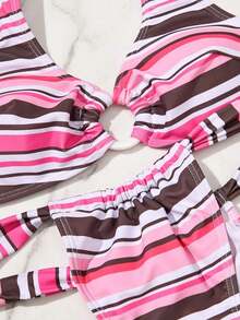 1D85 3 piezas Bikini a rayas sexy para mujer, conjunto de playa de moda para vacaciones, adecuado para fiesta de piscina de verano, festival de música y otras ocasiones de vacaciones - Multicolor - Ver 5