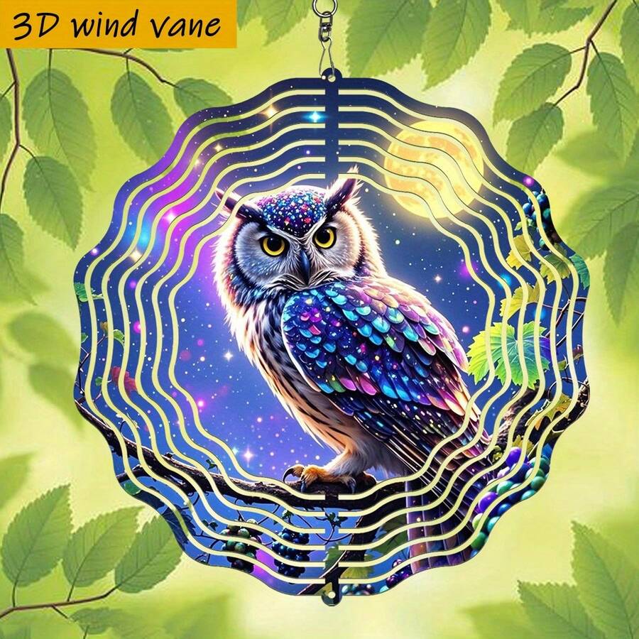 1个3D彩色猫头鹰栖息在夜空下的树枝上，尺寸为10英寸*10英寸，带旋转挂钩，可360° DIY创意彩虹风格旋转花园风车（不含吊坠），款式随机