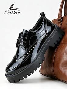 Salkin Sapatos Derby Masculinos de Designer com Cadarço, Sola Tratorada Grossa, Elegantes, Sapatos Sociais de Cavalheiro, Estilo Old Money com Decoração de Rebites, Cor Sólida, Cabedal de Couro Envernizado Macio e Confortável, Sensação de Marca Acessível, Sapatos Casuais para Uso Diário, Volta às Aulas, Estilo Universitário, Sola Grossa com Aumento de Altura, Sapatos Formais para Trabalho, Escritório, Festa, Versáteis, Sapatos de Noivo para Casamento, Presente de Feriado, Primavera, Verão, Outono, Sapatos Masculinos, Por Favor Escolha um Tamanho Maior - Preto - Visão 3