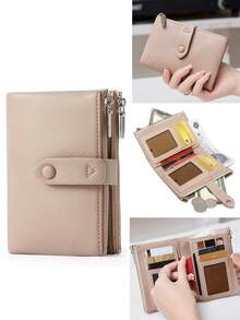 MIYIN New Women Snap-Buttoned Short Wallet Delicate Soft PU Double Layer Zipper Coin Purse Card Slots Minimalist And Fashionable Lightweight Wallet Purse Wallet Mini Wallet Small Wallet For White-Collar, College Students, Business, Office, Anniversary, Couples, Birthday, Valentine's Day, Teacher's Day Gift, Women Purse, Clutch, Small Wallet - Apricot - View 2