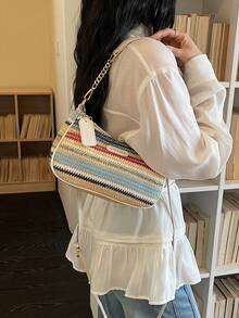 New Fashionable & Elegant Multi-Color Striped Pattern Underarm Bag With Metal Chain Handle, Women's Shoulder Bag - Multicolor - View 3