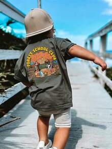 1 pieza Camiseta de manga corta casual de cuello redondo con estampado de animales del bosque para niños "Forest School Club" - Gris Oscuro - Ver 2