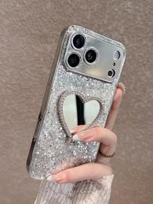 Funda de teléfono plateada brillante + Espejo plegable con soporte con forma de corazón, compatible con iPhone 17 Pro Max/17 Pro/17/16 Pro Max/16/16 Pro/16 Plus/15/15 Pro Max/15 Pro/15 Plus/11/12/13/14 Pro Max/12 Pro/12 Pro Max/13 Pro/13 Pro Max/7 Plus/14 Pro/14 Pro Max, carcasa rígida, protección de Body completo, acabado enchapado - Espejo plateado con soporte plegable - Ver 6