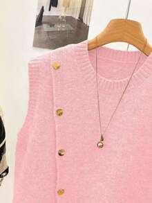 1 pieza Chaleco sin mangas de punto de unicolor con cuello redondo corto, diseño asimétrico con botones, accesorio de moda, chaleco versátil de punto para el verano - Rosa Pálido - Ver 6