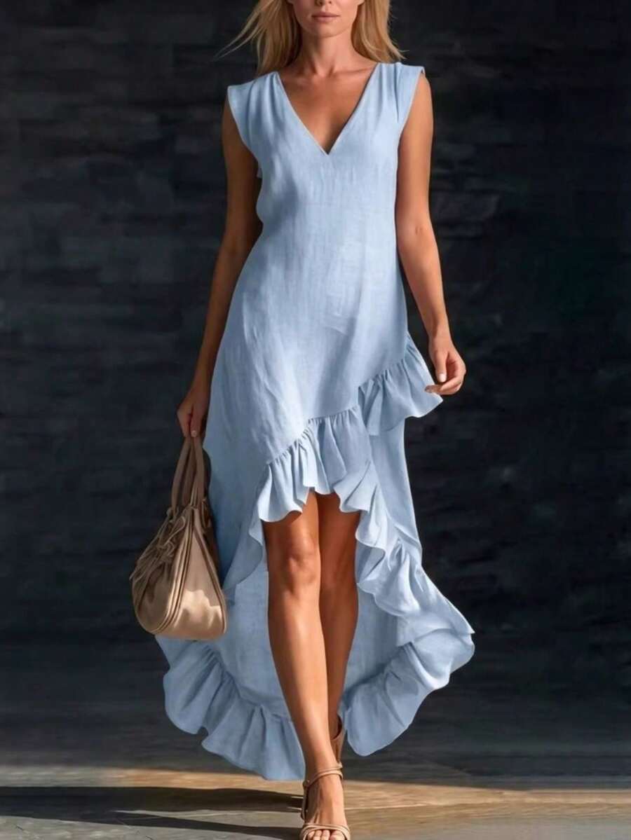 New Romantic Sleeveless V-Neck Ruffled Cotton And Hemp Dress For Spring And Autumn 2026 - Blue - View 1