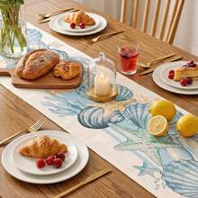 Mantel de 13x72 pulgadas con conchas marinas y estrellas de mar, mantel con tema de océano acuarela de estilo costero para verano, decoración de mesa de comedor para fiesta de playa en el hogar, cocina, restaurante, vacaciones - Multicolor - Ver 5