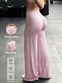 Estos pantalones anchos de yoga de unicolor son cómodos y estilizadores, adecuados para correr, hacer ejercicio y diversas actividades de yoga.Primavera - Rosa - Ver 10
