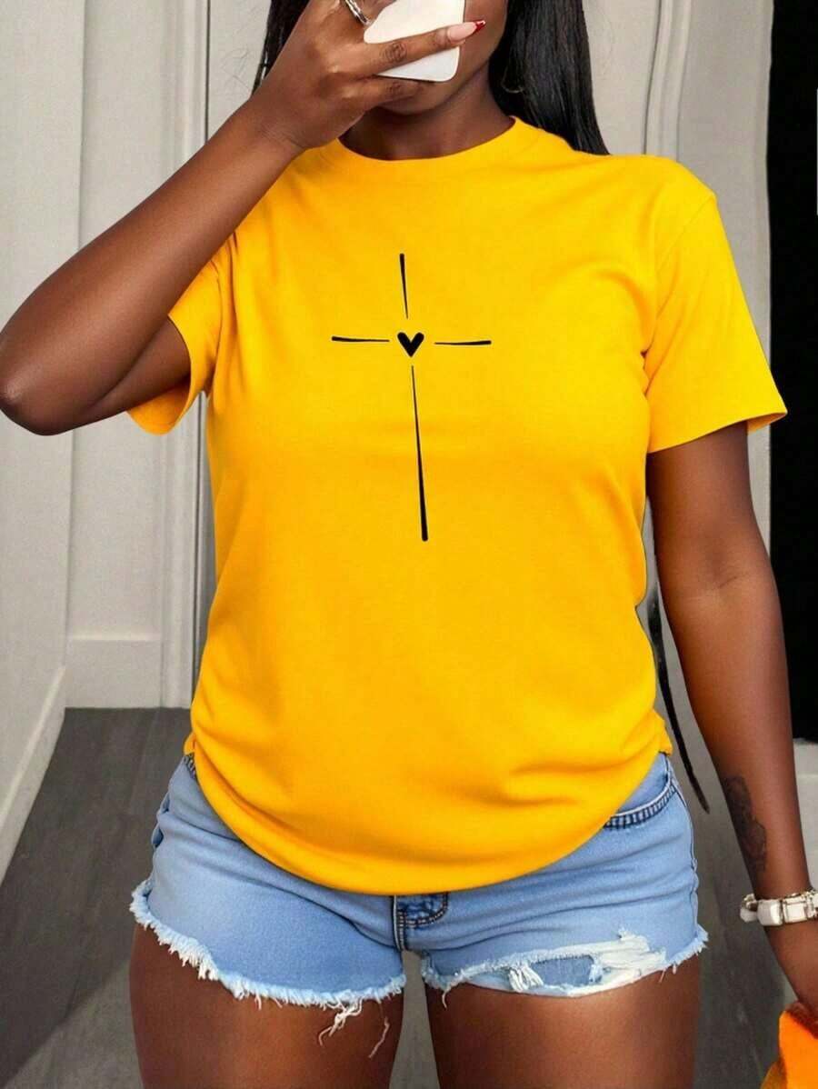 Camiseta de manga corta casual de ajuste ceñido para mujer con patrón de cruz para ropa de Año Nuevo - Amarillo - Ver 1