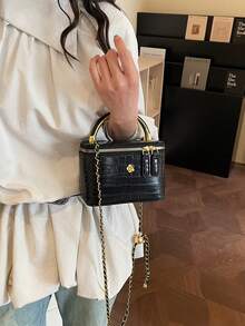 F.FAN.BAGS 輕量迷你鏈條包 菱格紋絎縫手提水桶包，適合青少年女孩、大學生與白領專業人士，適用於辦公室、大學、工作、通勤、戶外活動、旅行與出遊 - 黑色 - 查看 3
