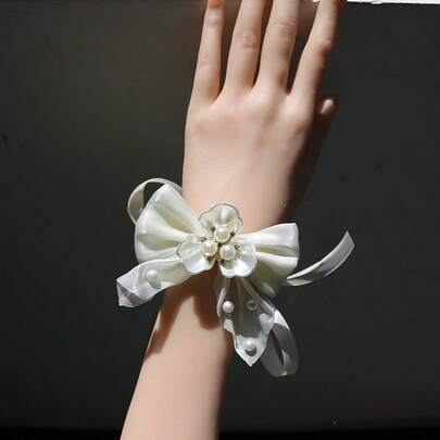1pc Ivory Bow Pearl Wrist Corsage, Bridesmaid Flower Bracelet, Wedding Accessories