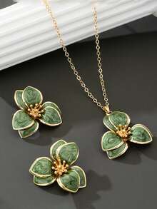 1 Set Korean Style Minimalist Niche Design Oil Drop Flower Earrings & Necklace Mori Style Vacation Jewelry Set For Women (Random Flower Center) - Green - View 4