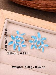 1 Pair Elegant Cute Minimalist Blue Flower & Pearl Design Earrings, Versatile For Daily, Holiday, Party Wear, Gift For Women - Multicolor - View 6