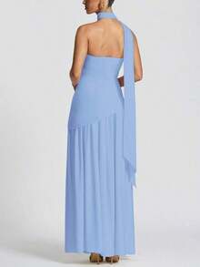 Vestido elegante y sexy de unicolor con abertura para fiesta, vacaciones y boda, color verde oscuro para primavera - Azul - Ver 5