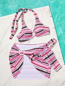 1D85 3 piezas Bikini a rayas sexy para mujer, conjunto de playa de moda para vacaciones, adecuado para fiesta de piscina de verano, festival de música y otras ocasiones de vacaciones - Multicolor - Ver 2