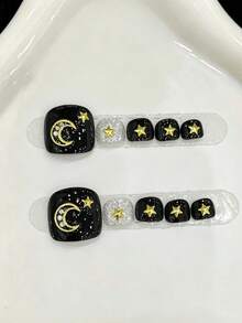Uñas postizas para los dedos de los pies hechas a mano, equipadas con un juego completo de herramientas de aplicación, operación sencilla, crea fácilmente un aspecto exquisito de los pies en cualquier momento y lugar. Uñas de color negro, brillantes, imprescindibles para el verano, perfectas para combinar con sandalias y chanclas de verano. Ideal para la playa, la piscina - Negro - Ver 9