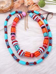 1 Set Bohemian Style Contrast Color Resin Striped Beaded Multi-Layer Necklace, Retro Personalized Layered Necklace Accessories For Women - Colorful Multi-layered Necklace - View 4