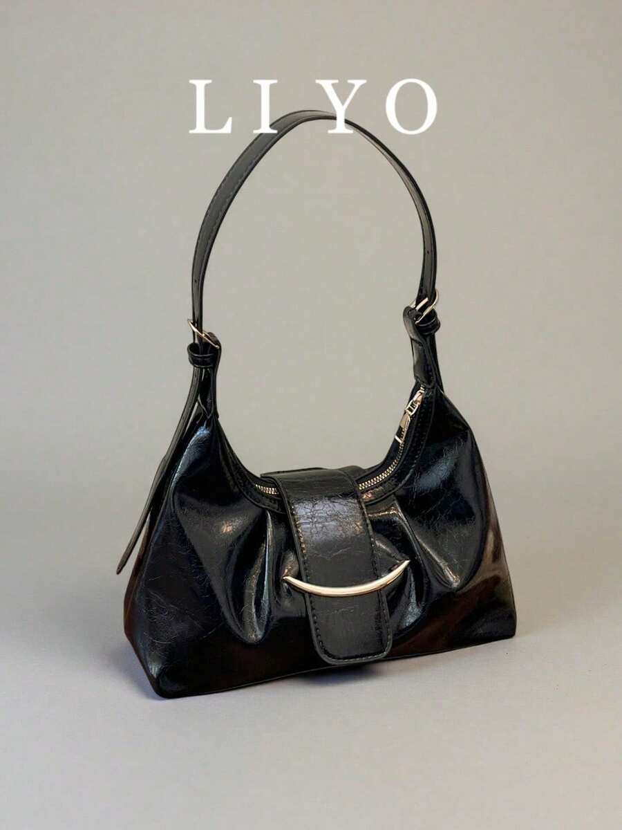 Bolso de hombro en forma de media luna para mujer, de estilo minimalista, versátil y de moda para el transporte diario - Negro - Ver 1