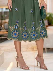 Elegant Embroidered Viscose Midi Dress With Short Sleeves. - Olive Green - View 3