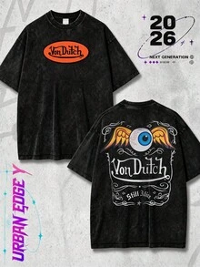 Men Black Washed Cotton Streetwear Brand Street Style 100 Percent Pure Cotton T Shirt Front And Back Print With Vons Dutchs Logo And Eye With Wings Design For Casual Wear Outfits | Front And Back Print | Vintage Heavyweight T Shirt | Perfect Gift | Loose Comfortable Breathable | Machine Washable Fabric | Hip Hop Cool Style | Drippy Clothes | Y2K - Black - View 1