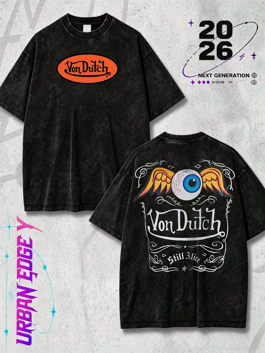 Men Black Washed Cotton Streetwear Brand Street Style 100 Percent Pure Cotton T Shirt Front And Back Print With Vons Dutchs Logo And Eye With Wings Design For Casual Wear Outfits | Front And Back Print | Vintage Heavyweight T Shirt | Perfect Gift | Loose Comfortable Breathable | Machine Washable Fabric | Hip Hop Cool Style | Drippy Clothes | Y2K - Black - View 1