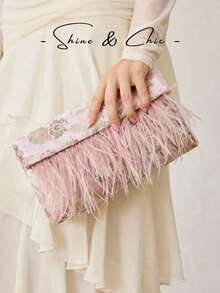 PREMIUM LADIES ELEGANT FLORAL PATTERN BEAD MATERIAL CLUTCH BAG ENVELOPE BAG WITH ARTIFICIAL FEATHER DECORATION,VALENTINES DAY - Pink - View 1