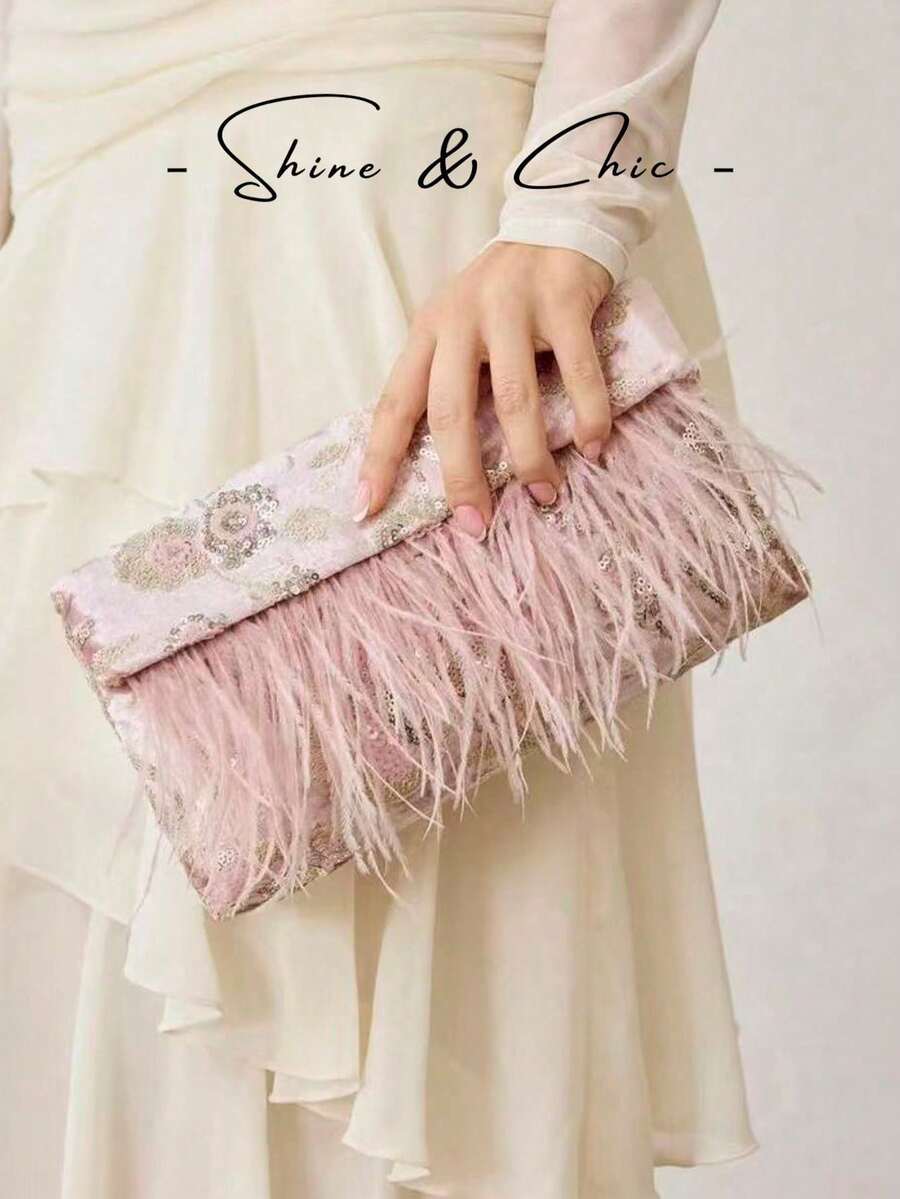 PREMIUM LADIES ELEGANT FLORAL PATTERN BEAD MATERIAL CLUTCH BAG ENVELOPE BAG WITH ARTIFICIAL FEATHER DECORATION,VALENTINES DAY - Pink - View 1