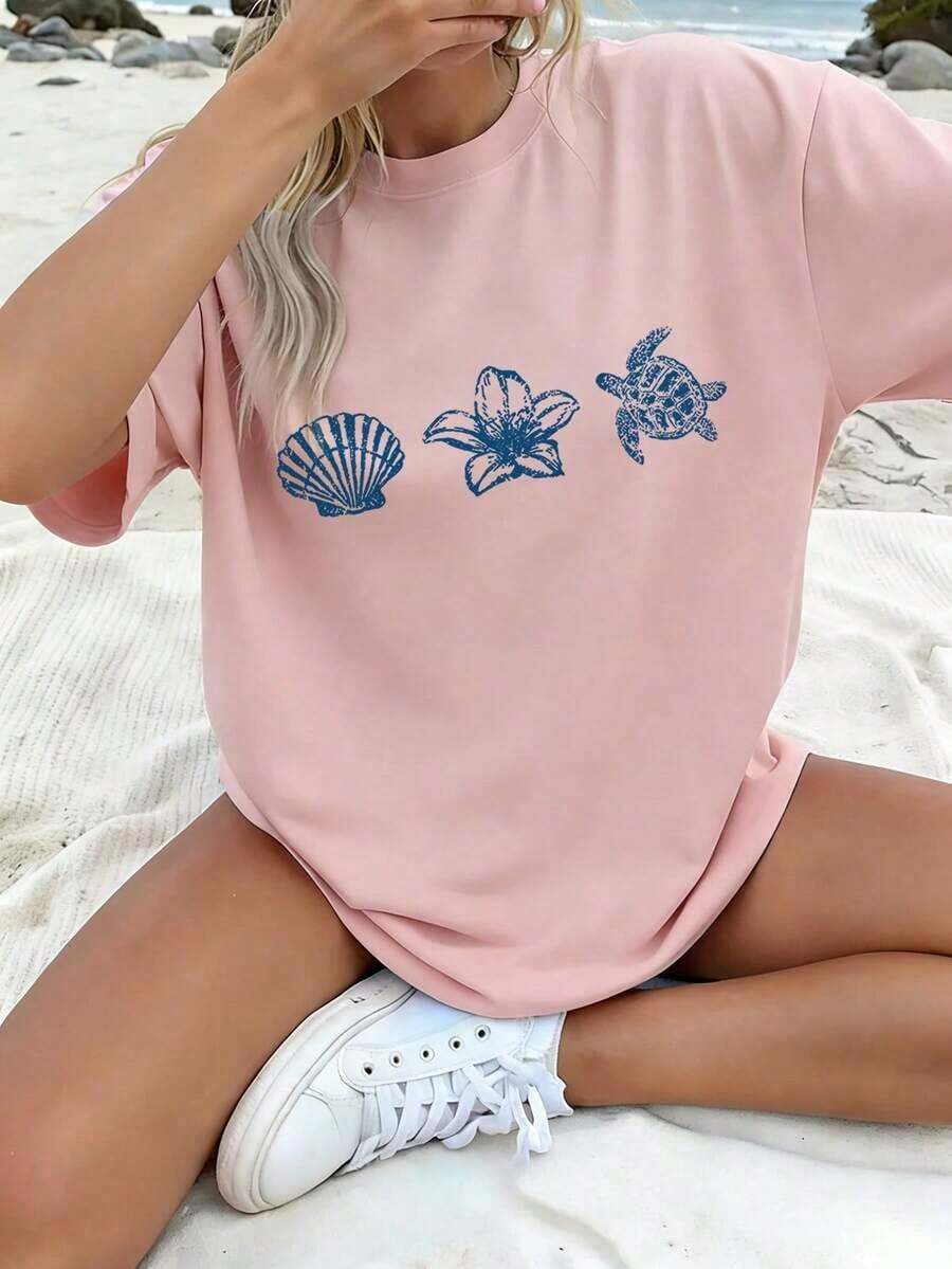 Women's Summer Short-Sleeved T-Shirt, Loose Fit, Round Neck, In Light Blue, With A Print Of Letters, Sea Animals, Turtles, Shells And Flowers, Fashionable For Everyday Wear And Holidays - 羅莎 - 查看 1