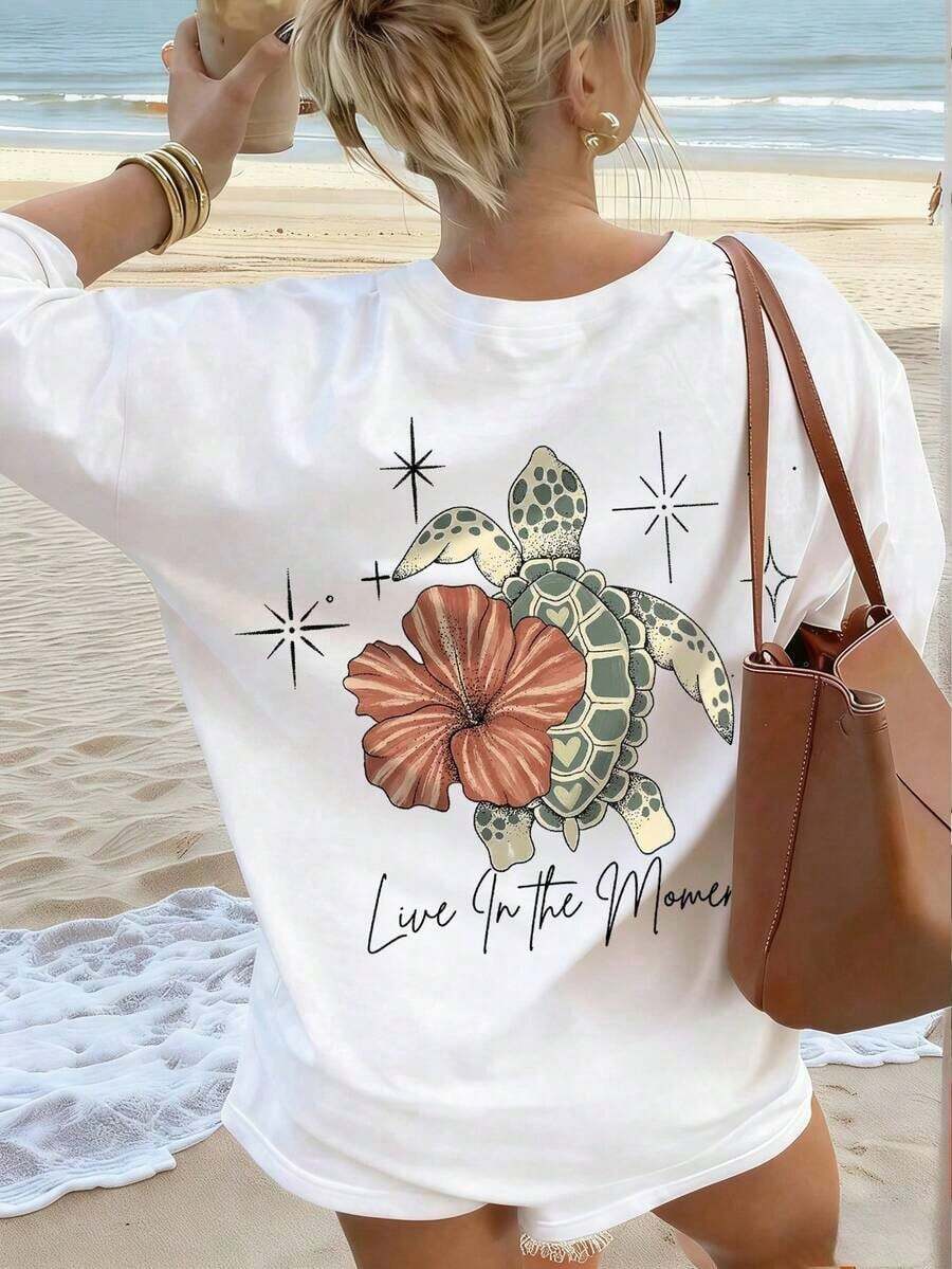 Casual Loose Round Neck White Beach T-Shirt With Turtle, Floral And Letter Print For Women. - White - View 1