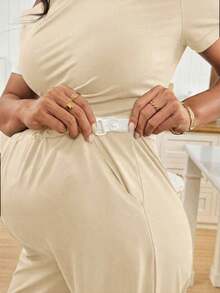 2 piezas Conjunto de top asimétrico y pantalones de unicolor casual de maternidad, verano - Beis - Ver 4