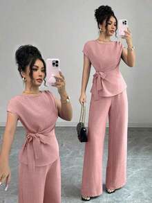 azul plisada con lazo ajustable en la cintura y pantalones anchos de tiro alto con bolsillos, conjunto elegante y casual para la oficina - Rosa - Ver 1