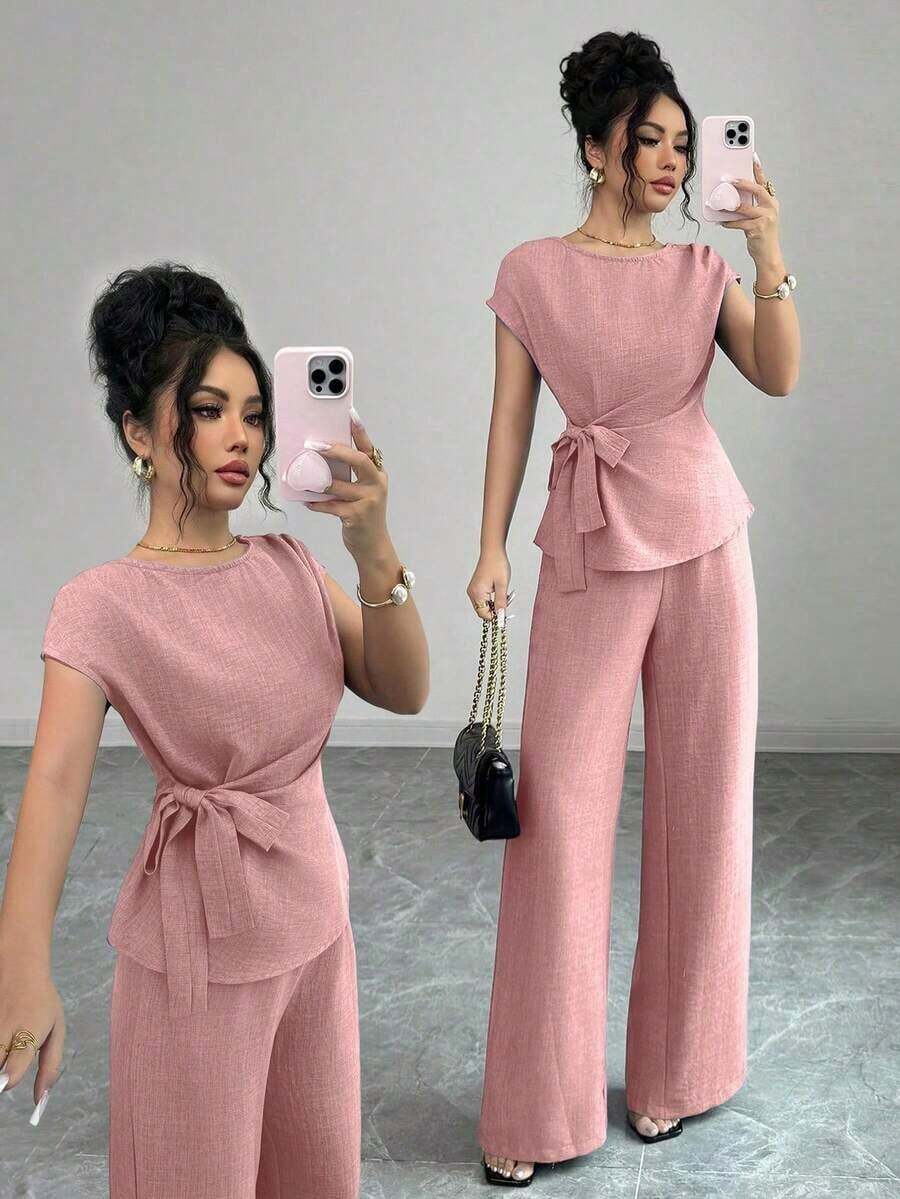 azul plisada con lazo ajustable en la cintura y pantalones anchos de tiro alto con bolsillos, conjunto elegante y casual para la oficina - Rosa - Ver 1