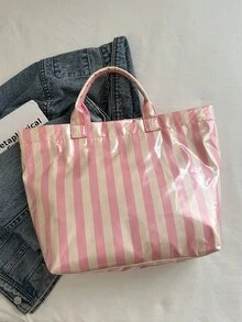 Tas Tote Bahu Dopamine Warna Solid Minimalis Baru Kapasitas Besar Mengkilap, Tas Tangan Komuter Permukaan Lacquer PU Lembut yang Dipersonalisasi - Berwarna merah muda - View 8