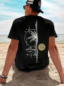 1 pieza Camiseta de hombre con estampado gráfico, ropa de playa de verano, camiseta de manga corta de corte holgado. Esta camiseta de hombre tiene un diseño casual y de estilo vacacional, muy adecuada para escapadas a la playa, así como para uso diario. - Negro - Ver 2