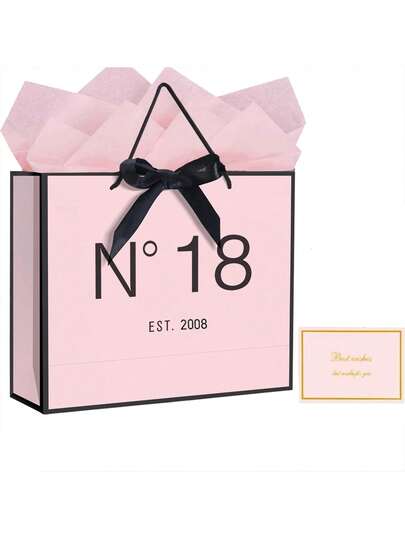 1Set/2Sets, Pink 18th Birthday Gift Bag With Black Ribbon Bow Ribbon And Greeting Cards, 2008 18 Year Old Elegant Pink Anniversary Keepsake Party Present Shopping Paper Bags For Gifts Wrapping