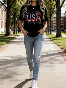Camiseta de Cuello Redondo para Mujer con Diseño Patriótico de la Bandera de Estados Unidos, con Estrellas y Rayas, Decoración de Lazo, Manga Corta, para Celebración del Día de la Independencia - Negro - Ver 4