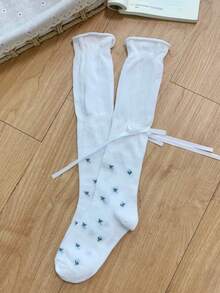 1/5 Pairs Sweet Ditsy Floral Bowknot Decor Knee High Socks, Spring/Summer New Arrival - Multicolor - View 9