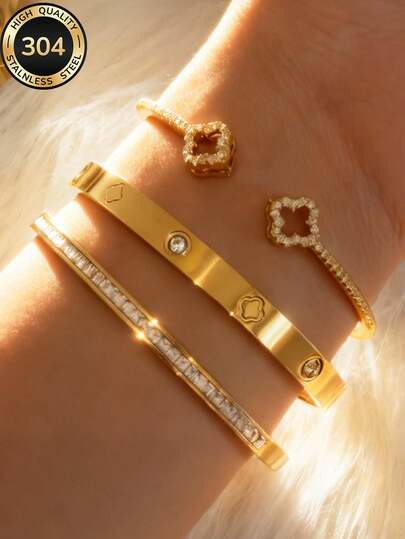Juego de pulsera de acero inoxidable 304 + cobre con trébol de 4 hojas y totalmente pavimentado, set de 3 piezas apilables para mujer, minimalista y de moda, materiales hipoalergénicos, regalo perfecto para el Día de la Madre, accesorio de vacaciones de verano