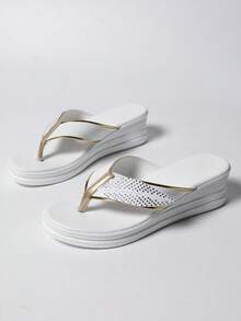 Sandalias de cuña con tira trasera y pedrería de lujo ligero, suela blanda antideslizante de 5.5cm, cómodas y versátiles para playa, desplazamientos y vacaciones - Blanco - Ver 5