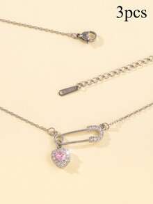 1pc Fashion Safety Pin Heart Pendant Necklace For Women, Stainless Steel Chain, Copper CZ Pendant, Daily Wear, Valentine's Day Gift - Pin - View 11