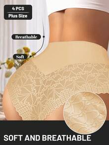 MEIYATING 4pcs/Pack Plus Size Women Lace Trim Mesh Splice Soft Comfortable Sexy Thong Panties - Multicolor - View 5