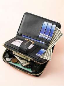 Dompet Wanita Model Baru dengan Resleting dan Jepitan, Dompet Resleting Multifungsi, Tempat Kartu Gaya Retro, Slot Kartu Multi-fungsi Kapasitas Besar, Kantong Koin Resleting, Tempat Kartu Kredit dan ID, Dompet Wanita Warna Solid Segar, Clutch Mini/Medium, Dompet Lipat Minimalis Modis Unisex yang Lucu, Serbaguna untuk Penggunaan Sehari-hari - Hitam - View 4