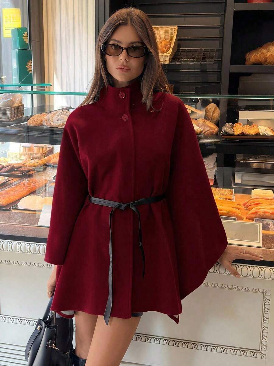 Abrigo de lana con cuello alto, mangas de murciélago, cintura ceñida para mujer en otoño/invierno - Burdeos - Ver 1