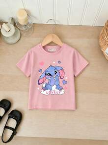 Girls' Summer Casual Set, Pink Short Sleeve T-Shirt With Shy Rabbit Cartoon Print, Paired With Black Shorts With Matching Pattern Accent, Cute And Lively, Suitable For Daily Wear Or Campus Outfit - Pink - View 3