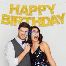 预装式生日快乐纸板横幅 - 无需DIY，粉色生日快乐标志，适用于生日派对装饰背景 - 金色 - 查看 4