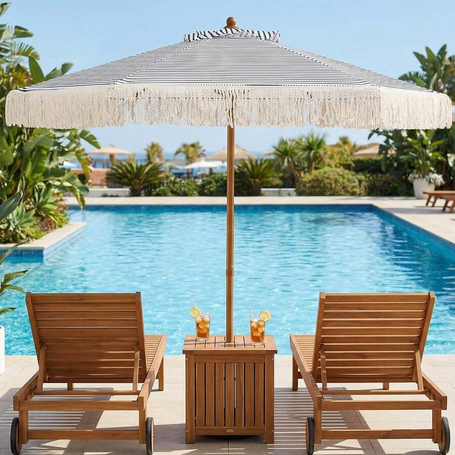 7Ft Patio Umbrella With Fringe, 2-Tier Outdoor Boho Umbrella With Tassels, Wood-Grain Aluminum Pole, Sun-Protective Canopy, 8 Ribs For Deck Backyard Poolside - Blue - View 1